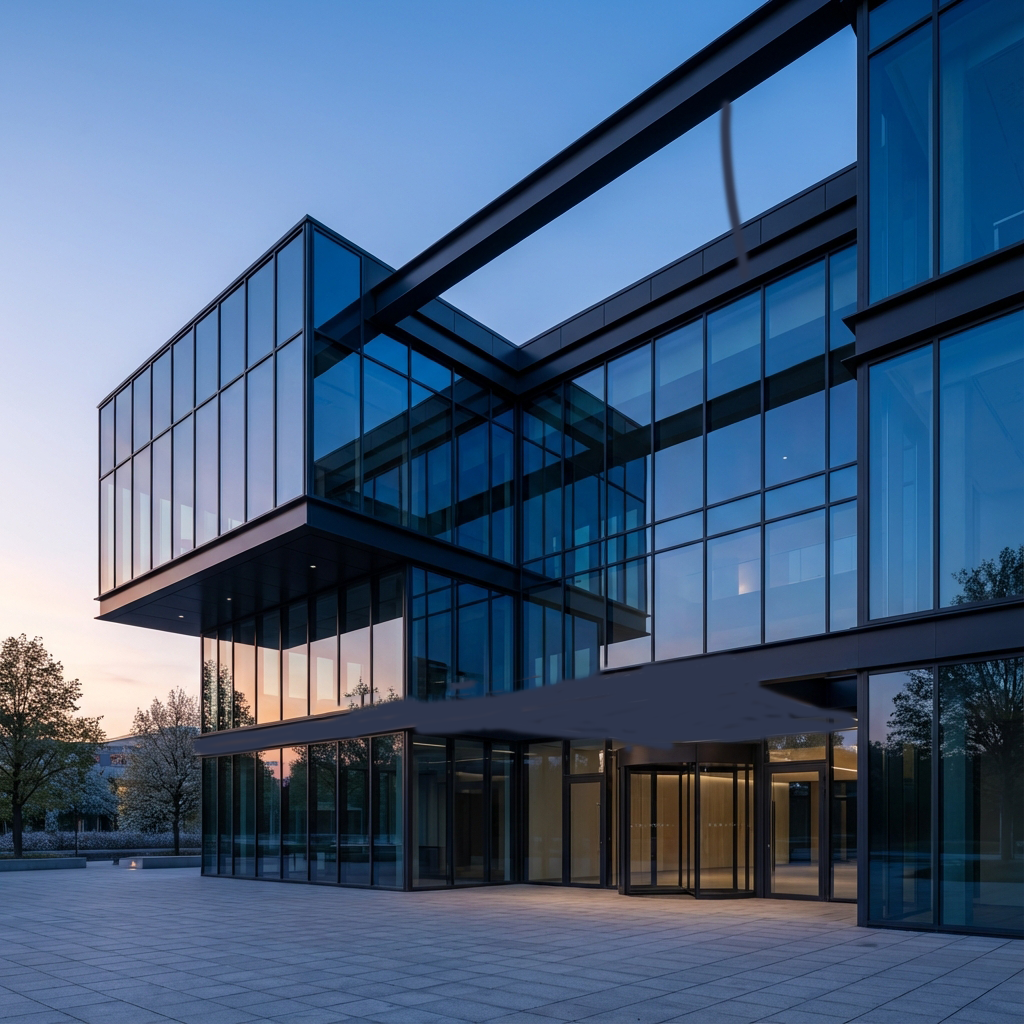 Modern glass office building at dusk symbolizing stability and the path back to strength in restructuring